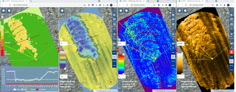 Fig. 3 NORdredge differential, real-time depth, STD and backscatter displays respectively